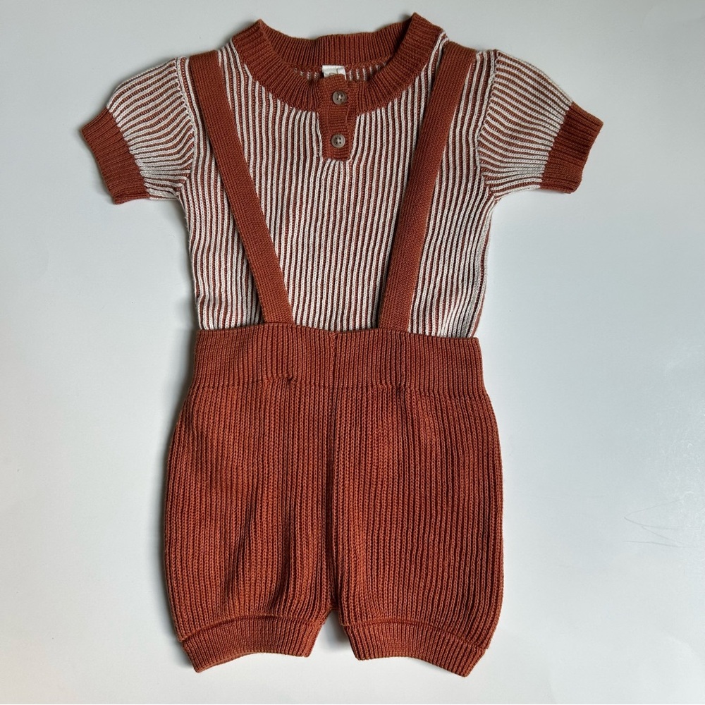 Tun Tun Baby Boy Brown Knit Ribbed Suspender Short Set, Size 12-18  Months